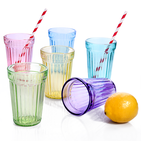 STP GOODS Faceted Stackable Drinking Glasses Set of 6 Pcs 8.45 fl oz (250 ml) Glass Tumbler Set Water Glasses for Water Juice Milk Cocktail, Multicolor