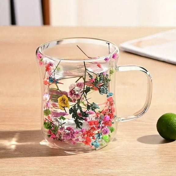 STP GOODS Floral Dream Double-Walled Glass Mug 11.5 fl oz (330 ml) Clear Heat-Resistant Glass Cup with Dried Flowers for Tea Hot Beverages Coffee Service for 1