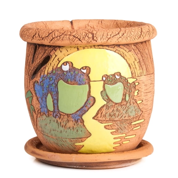 STP GOODS Frogs in Moonlight Handmade Ceramic Planter with Drainage Hole and Saucer 4.7" Indoor/Outdoor Decorative Flower Planter Hand-Painted Flower Pot Clay Succulent Pot