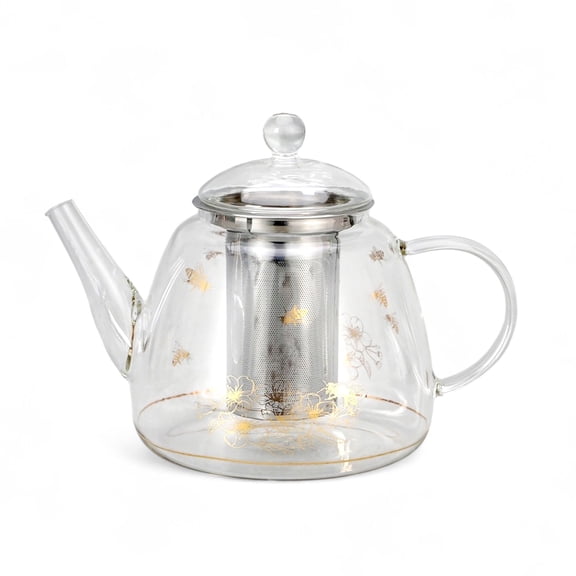 STP GOODS Golden Bee Borosilicate Glass Teapot with Infuser 44 fl oz (1.3 L) Kitchen Tea Brewer Coffee Pot Kettle for Blooming Teas, Clear and Gold