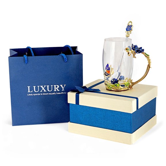 STP GOODS Graceful Bloom Enamel Glass Mug with Spoon in Gift Box 11.8 fl oz (350 ml) Floral Cup with Teaspoon Coffee and Tea Mug, Blue Clear