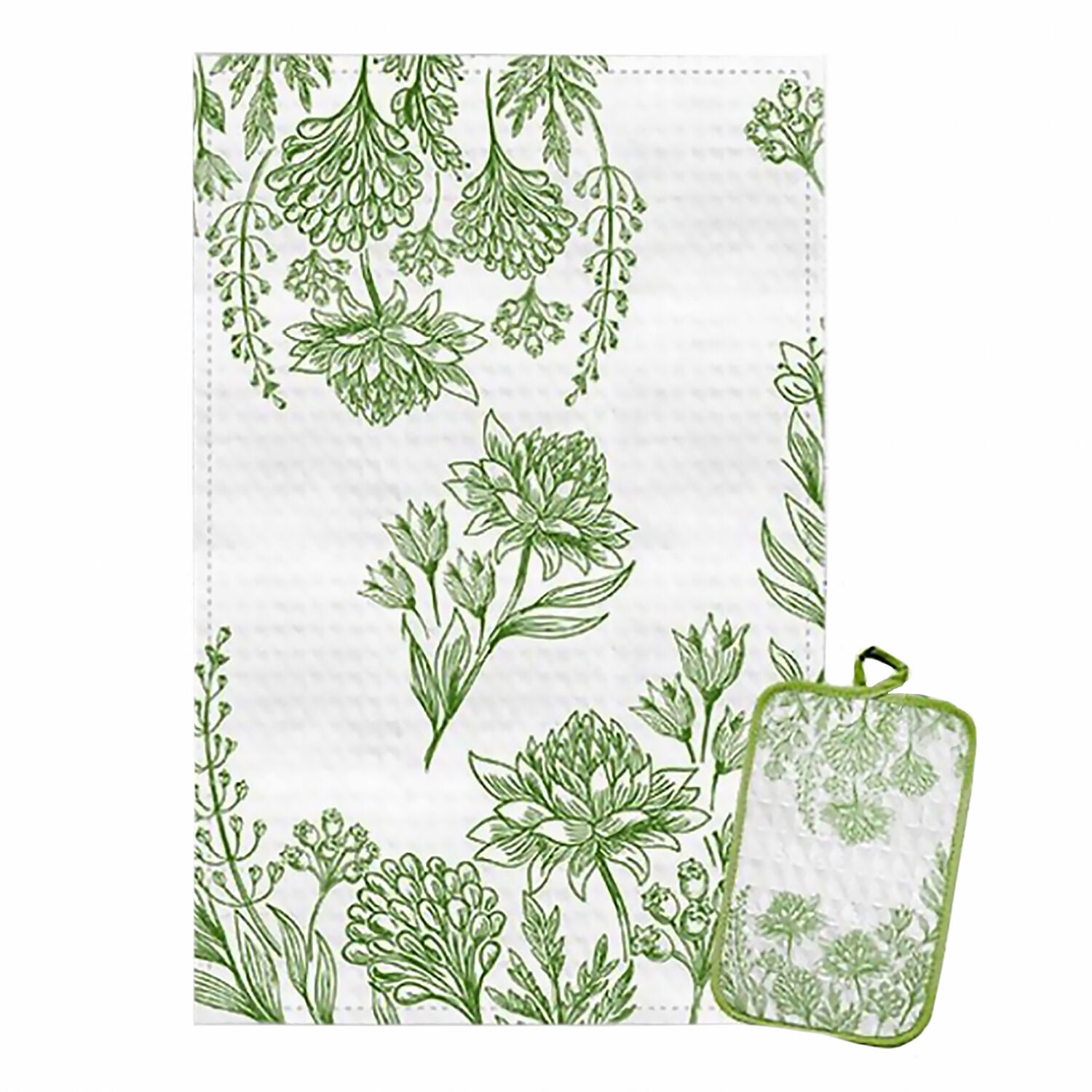 STP GOODS Green Florals Cotton Kitchen Towel and Potholder Set Waffle Weave Dish Towel for Drying Dishes Waffle Dish Cloth and Oven Pot Pad, 230 GSM, White and Green