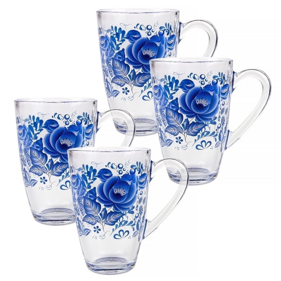 STP GOODS Blue Flowers Glass Mug Set of 4 pcs 11.1 fl oz (330 ml) Tea Mugs for Hot Beverages Coffee and Tea Mugs for Latte Cocoa Chocolate Glass Drinkware Service for 4, Blue