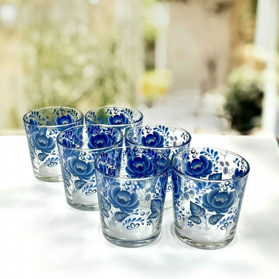 STP GOODS Gzhel Short Drinking Glass Set of 6 pcs 6.8 fl oz (200 ml) Glass Tumblers for Water Juice Milk Cocktail Water Glasses, Blue Clear