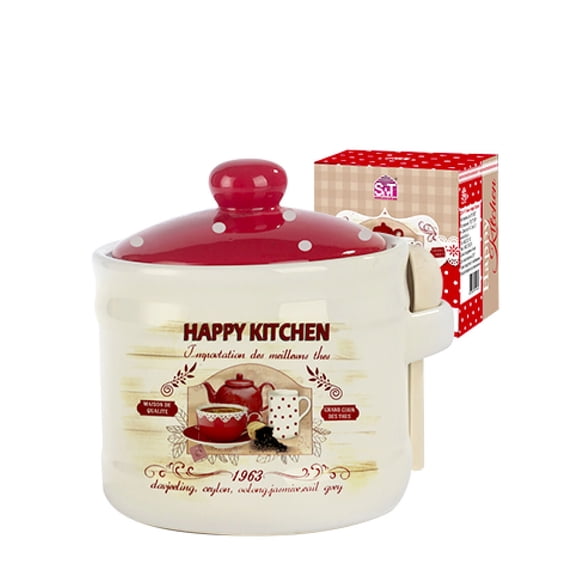 STP GOODS Happy Kitchen Ceramic Honey Jar with Lid and Wooden Spoon 14.2 fl oz (420 ml) Honey Pot Storage Jar Storage Container for Home Kitchen, Red, Ivory