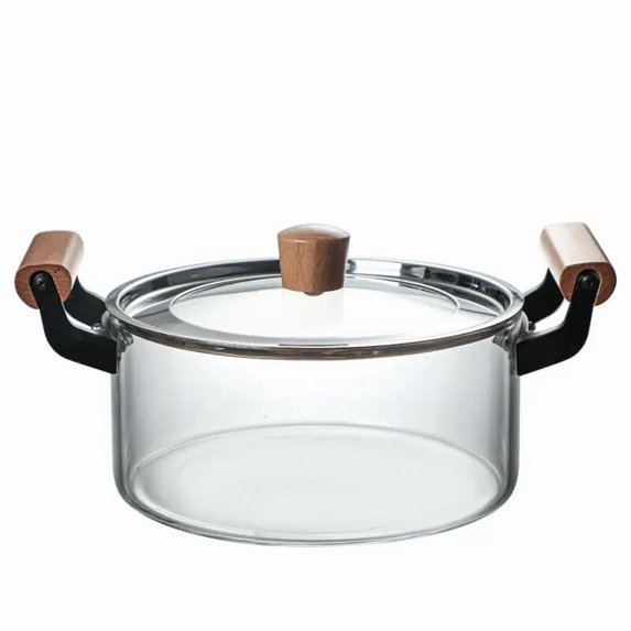 STP GOODS Heat-Resistant Glass Stockpot with Glass Lid 2.7 Qt (2.5 L) Borosilicate Glass Cooking Pot with Wooden Handles Kitchen Pot Cookware Stock Pot Soup Pot, Clear