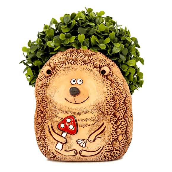 STP GOODS Hedgehog with Mushroom Handmade Ceramic Flower Pot 5.1x6.7" Indoor/Outdoor Decorative Flower Planter Hand-Painted Succulent Pot Animal Clay Cachepot