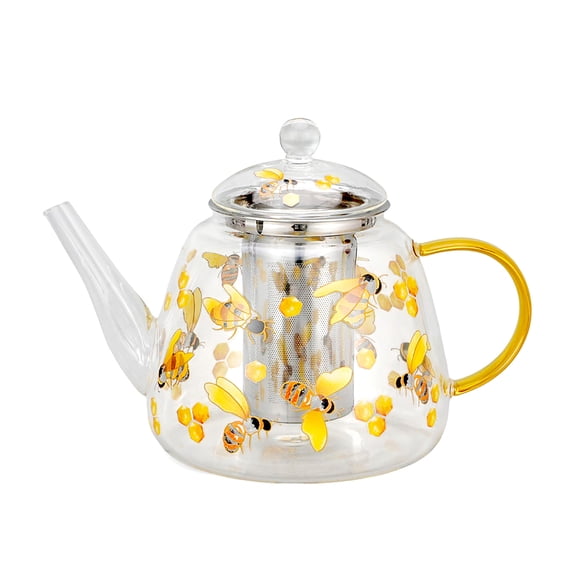STP GOODS Honey Bee Borosilicate Glass Teapot with Infuser 44 fl oz (1.3 L) Kitchen Tea Brewer Coffee Pot Kettle for Blooming Teas, Clear and Yellow