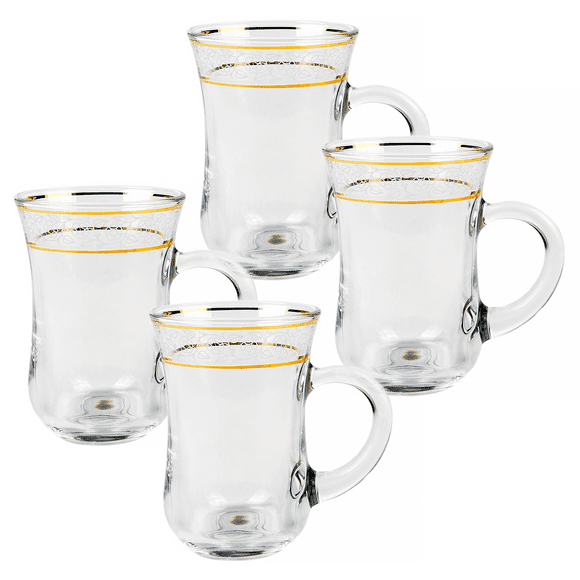 STP GOODS Inspiration Glass Coffee and Tea Glass Set of 4 pcs 4.9 fl oz (145 fl oz) Turkish Tea Glass with Handle Glass Armudu Tea Mugs Coffee and Tea Mugs Glass Drinkware Service for 4, Gold Clear