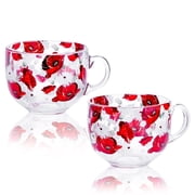 STP GOODS Jumbo Poppies and Daisies Glass Mug Set of 2 pcs 16.9 fl oz 500 ml Tea Mugs for Hot Beverages Coffee and Tea Mugs for Latte Cocoa Chocolate Glass Drinkware, Red White Clear