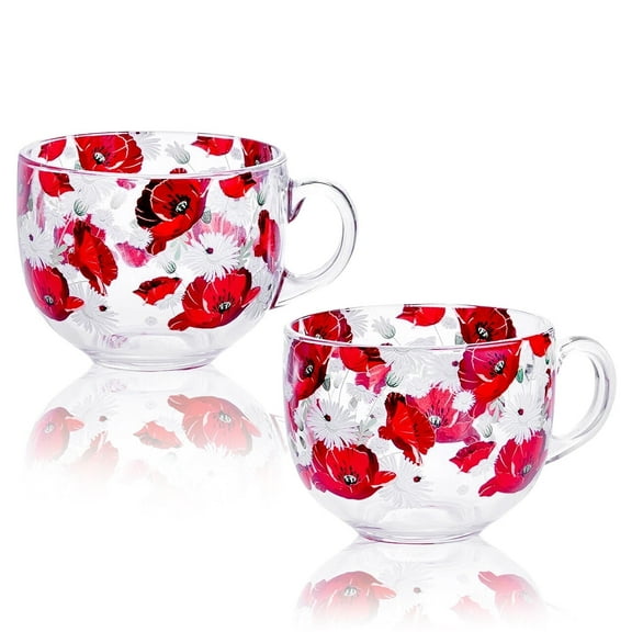 STP GOODS Jumbo Poppies and Daisies Glass Mug Set of 2 pcs 16.9 fl oz (500 ml) Tea Mugs for Hot Beverages Coffee and Tea Mugs for Latte Cocoa Chocolate Glass Drinkware, Red White Clear