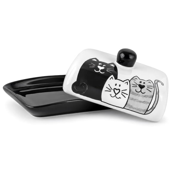STP GOODS Kittens Ceramic Butter Dish with Lid 5.1x6.7x2.2" (13x17x5.5 cm) Butter Holder Storage Container Butter Container for Countertop and Fridge Butter Keeper, Black and White