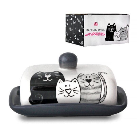 STP GOODS Kittens Ceramic Butter Dish with Lid 5.1x6.7x2.2" (13x17x5.5 cm) Butter Holder Storage Container Butter Container for Countertop and Fridge Butter Keeper, Black and White