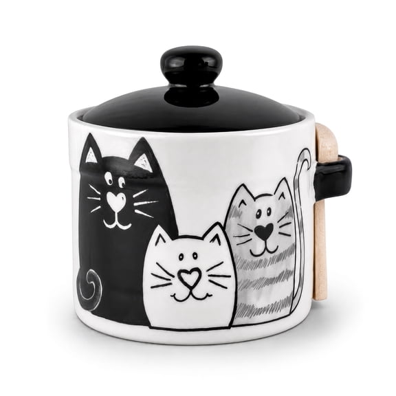 STP GOODS Kittens Ceramic Honey Jar with Lid and Wooden Spoon 14.2 fl oz (420 ml) Honey Pot Storage Jar Storage Container for Home Kitchen, Black and White