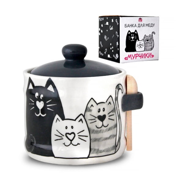 STP GOODS Kittens Ceramic Honey Jar with Lid and Wooden Spoon 14.2 fl oz (420 ml) Honey Pot Storage Jar Storage Container for Home Kitchen, Black and White