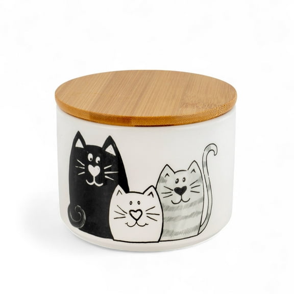 STP GOODS Kittens Ceramic Jar with Wooden Lid 23.2 fl oz (685 ml) Food Storage Container Ceramic Storage Jar Container Box for Food Sugar Spice Organizer Jars, White and Black