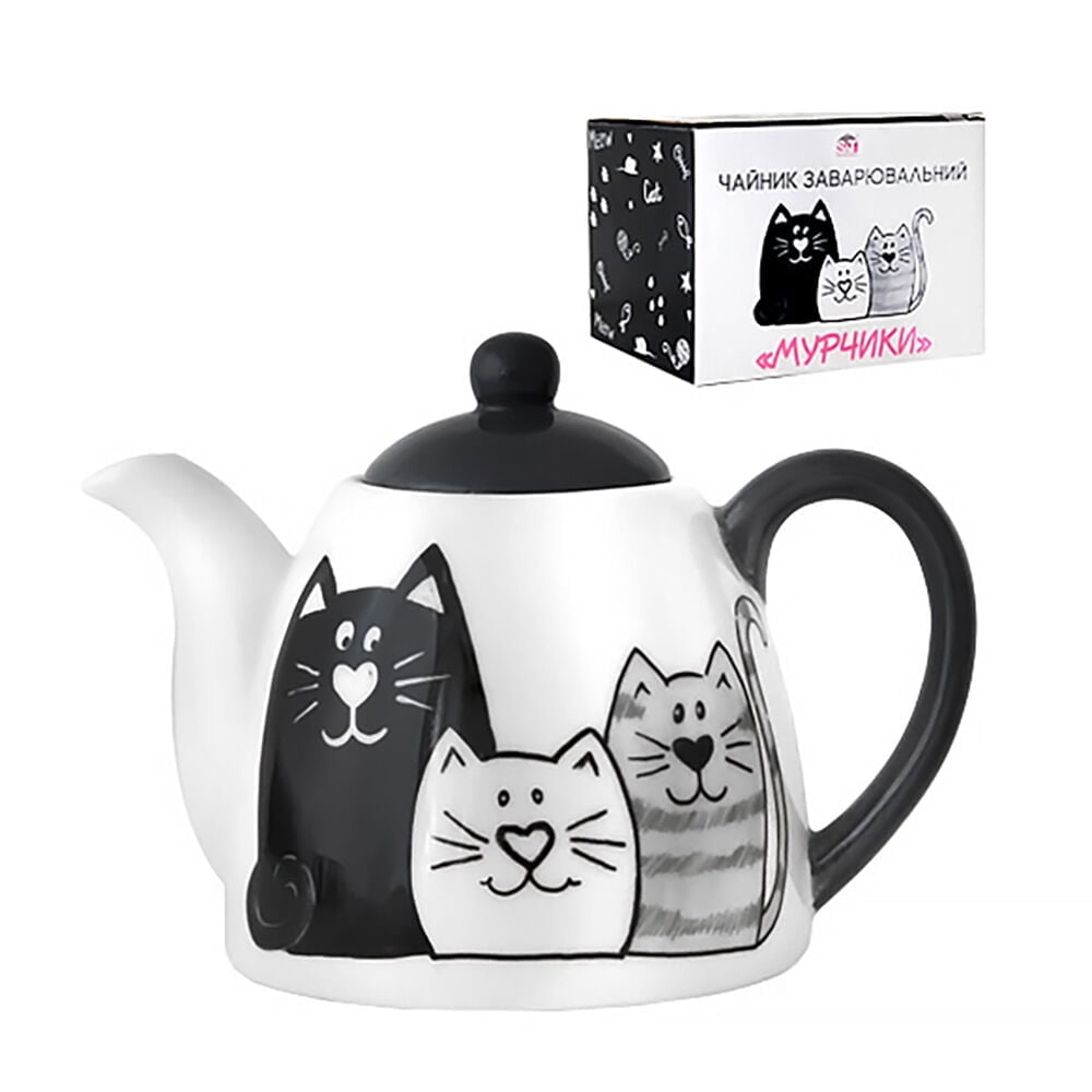 STP GOODS Kittens Ceramic Teapot 28.7 fl oz (850 ml) Kitchen Teapot for Loose Tea Tea Pot Tea Brewer Tea and Coffee Pot Kettle for Blooming Teas, White Black