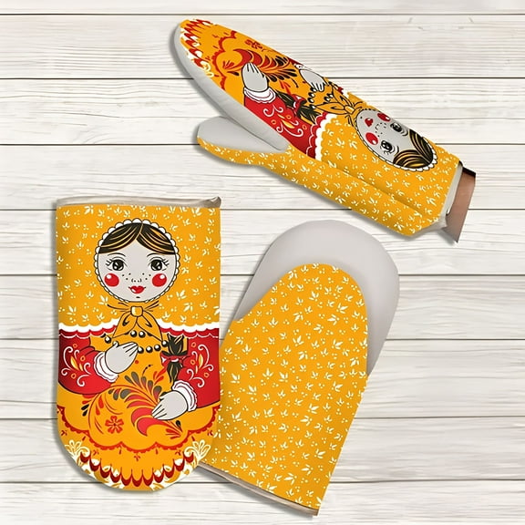 STP GOODS Lady Chef Cotton and Linen Oven Mitt Heat Resistant Pot Holder Glove for Grilling and Baking Oven Pot Pad Pot Holder, Khokhloma, Yellow