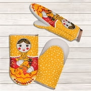 STP GOODS Lady Chef Cotton and Linen Oven Mitt Heat Resistant Pot Holder Glove for Grilling and Baking Oven Pot Pad Pot Holder, Khokhloma, Yellow
