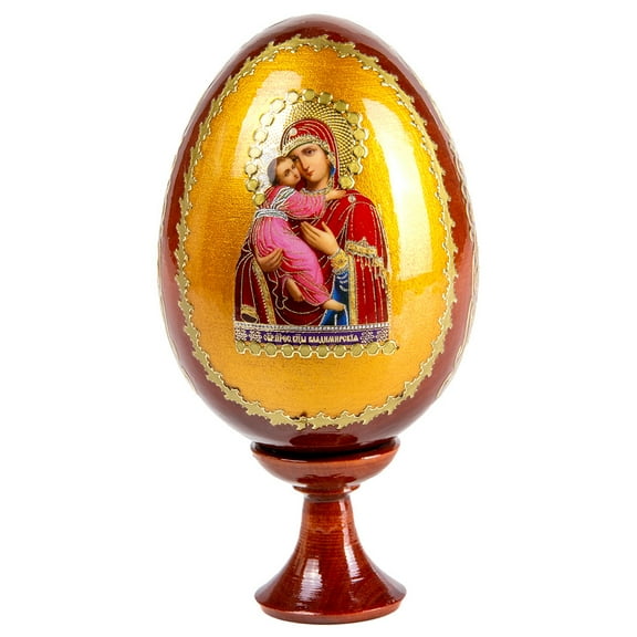 STP GOODS Our Lady of Vladimir Handmade Wooden Lacquer Icon Egg on Stand 4.9'' (12.5 cm) Orthodox Icon Christian Icon with Gold Leaf Religious Gift Easter Decor