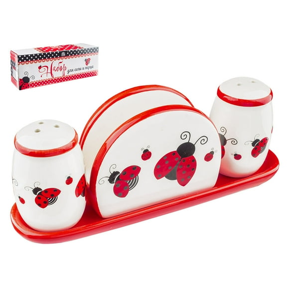 STP GOODS Ladybug Ceramic Salt and Pepper Shaker Set with Napkin Holder and Tray 8.9x2.8x3.1" (22.5x7x8 cm) Spice Dispensers Spice Containers Spice Jars, Red Black White