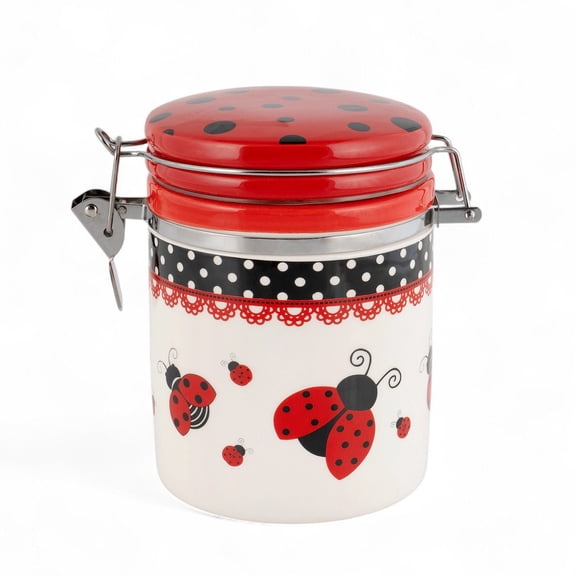STP GOODS Ladybug Ceramic Storage Jar with Lid 25 fl oz (750 ml) Food Storage Container for Food Sugar Spice Organizer Jars, Red and White