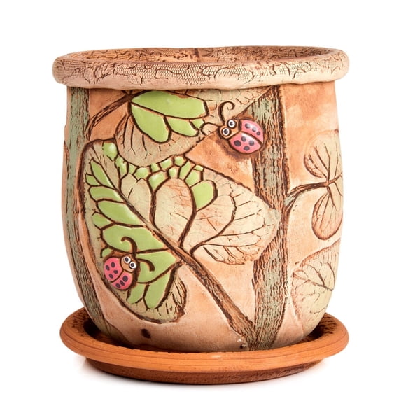 STP GOODS Ladybugs Handmade Ceramic Planter with Drainage Hole and Saucer 4.7" Indoor/Outdoor Decorative Flower Planter Hand-Painted Flower Pot Clay Succulent Pot