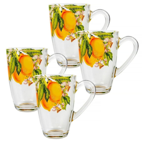 STP GOODS Lemon Glass Mug Set of 4 11.1 fl oz (330 ml) Tea Mugs for Hot Beverages Coffee and Tea Mugs for Latte Cocoa Chocolate Glass Drinkware Service for 4, Clear Yellow