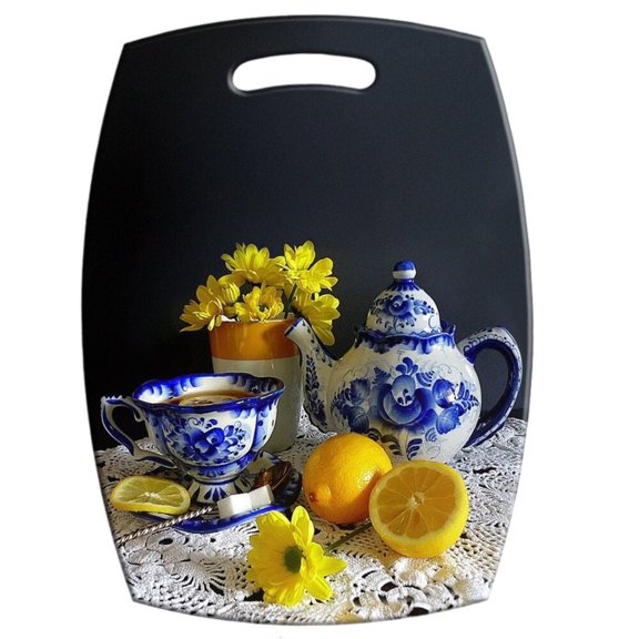 STP GOODS Lemons and Gzhel Wooden Cutting Board for Kitchen 11.5x8.3" (29x21 cm) Decorative Chopping Board Cutting Board for Meat Cheese Fruits Vegetables Serving Board