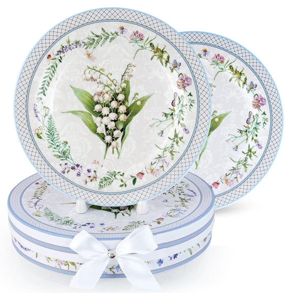 STP GOODS Lily of the Valley Bone China Dessert Plate Set of 2 in Gift Box 7.5" (19 cm) Floral Cake Plates for Appetizer Salad Serving, Blue Green White