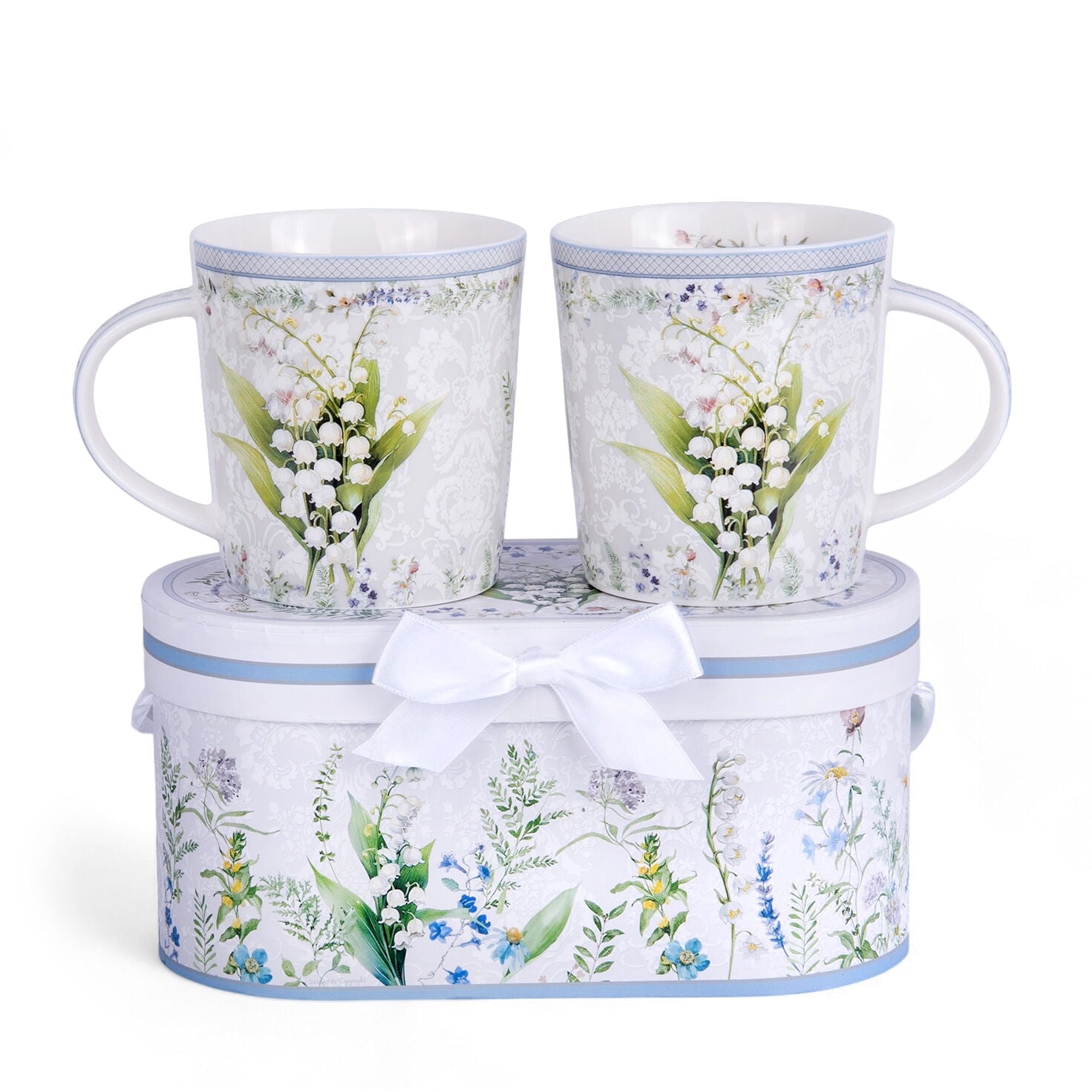 Lily of the Valley White Ceramic Floral Mug Set