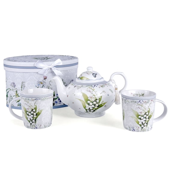 STP GOODS Lily of the Valley Bone China Tea Set of 5 for 2 in Gift Box Tea/Coffee Mugs 10.14 fl oz (300 ml) with Teapot 33.81 fl oz (1 L) Service for 2 Tea Mug for Latte Cocoa Chocolate Porcelain Mug
