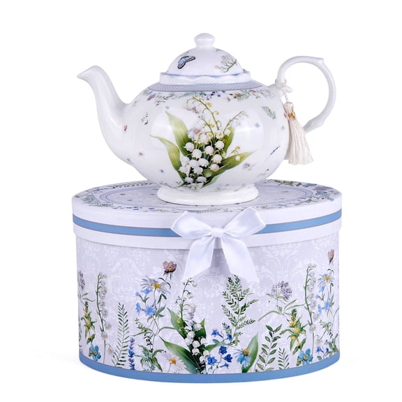 STP GOODS Lily of the Valley Bone China Teapot in Gift Box 33.8 fl oz (1 L) Floral Kitchen Teapot for Loose Tea Bone China Tea Pot Tea Brewer Tea and Coffee Pot Kettle for Blooming Teas, White Green