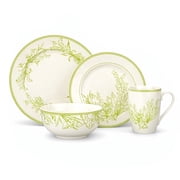STP GOODS Lily of the Valley Bone China Dinnerware Set of 16 Service for 4 Floral 16-Piece Dish Set of Plates Bowls and Mugs, Green and White