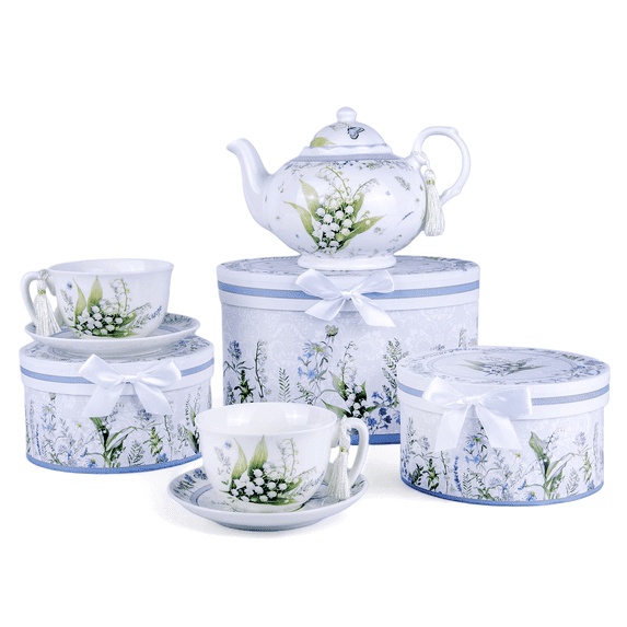 STP GOODS Lily of the Valley Bone China Tea Set of 5 for 2 in Gift Box Tea/Coffee Cup Set with Teapot Teacups Saucers Service for 2, White and Green