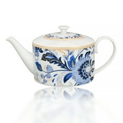 STP GOODS Melodie de Fleurs Porcelain Teapot 37.2 fl oz 1.1 L Floral Kitchen Teapot for Loose Tea Tea Pot Tea Brewer Tea and Coffee Pot Kettle for Blooming Teas, White Blue Gold