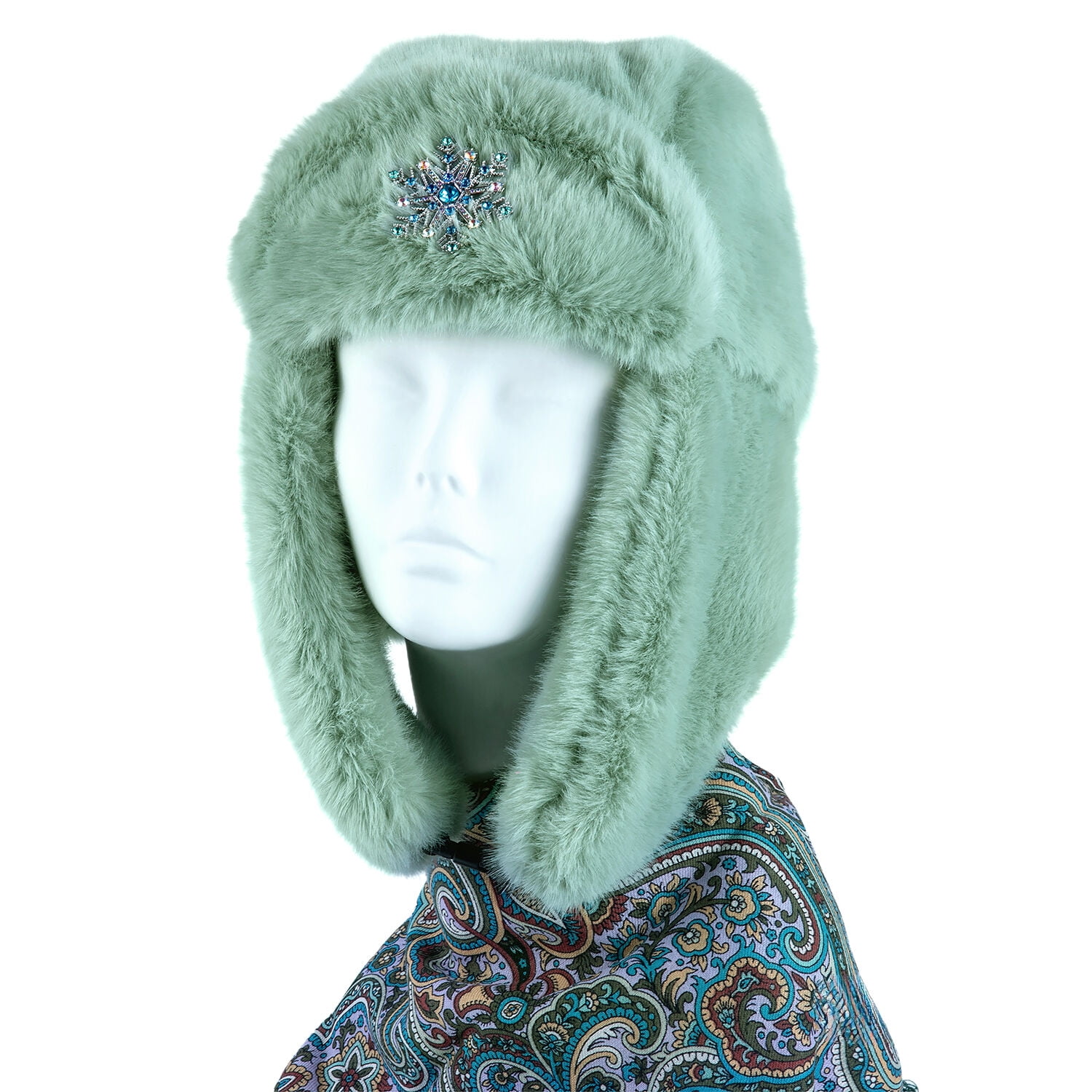 STP GOODS Mint Green Faux Rabbit Fur Women's Earflap Hat with Clasp Trapper Hat for Women Ushanka Hat with Brooch Aviator Trapper Hat Winter Hat with Earflaps, One Size