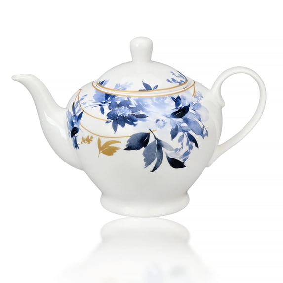STP GOODS Mizuki Porcelain Teapot in Gift Box 40.6 fl oz (1.2 L) Floral Kitchen Teapot for Loose Tea Tea Pot Tea Brewer Tea and Coffee Pot Kettle for Blooming Teas, White Blue Gold