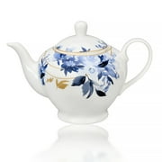 STP GOODS Mizuki Porcelain Teapot in Gift Box 40.6 fl oz 1.2 L Floral Kitchen Teapot for Loose Tea Tea Pot Tea Brewer Tea and Coffee Pot Kettle for Blooming Teas, White Blue Gold