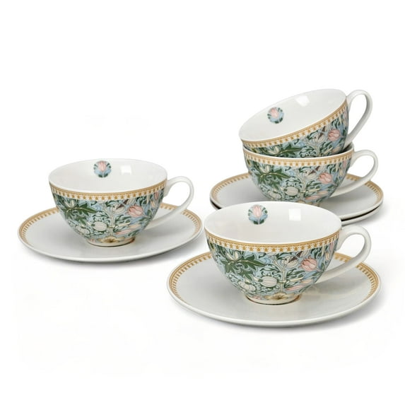 STP GOODS Morris Garden Porcelain Cup and Saucer Set of 4 pcs 11.83 fl oz (350 ml) Service for 4 Kitchen Teacups Floral Tea Cups Tea Cup with Matching Saucer