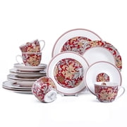 STP GOODS Morris Garden Porcelain Dinnerware Set of 20 pcs Service for 4 Porcelain Dish Set Tableware Set Teacups with Saucer Plates and Bowls, Bordeaux and White