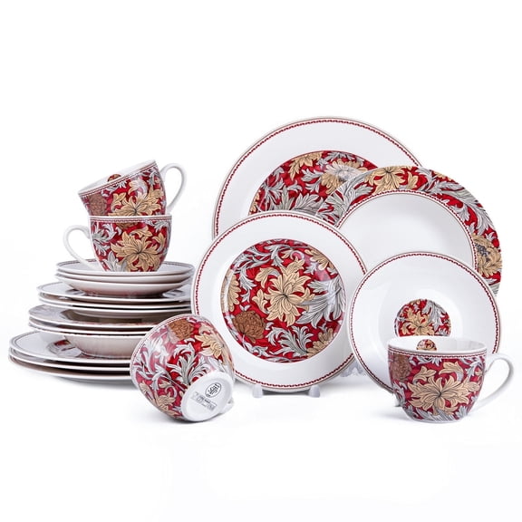 STP GOODS Morris' Garden Porcelain Dinnerware Set of 20 pcs Service for 4 Porcelain Dish Set Tableware Set Teacups with Saucer Plates and Bowls, Bordeaux and White