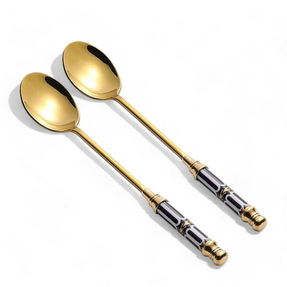 STP GOODS Noble Cobalt Dessert Teaspoon Set of 2 in Gift Box 5.51x0.98" Stainless Steel Dessert Spoons with Long Ceramic Handles, Tea Spoon Set in Gold, Service for 2