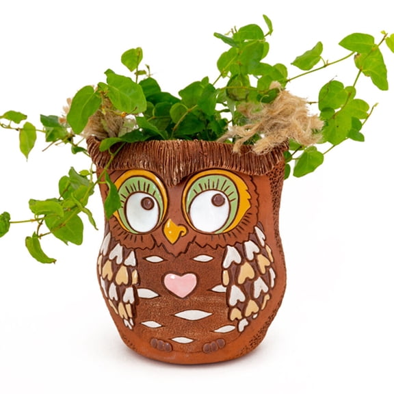 STP GOODS Owl Handmade Ceramic Flower Pot 4.1x5x3.9" Indoor/Outdoor Decorative Flower Planter Hand-Painted Succulent Pot Clay Cachepot