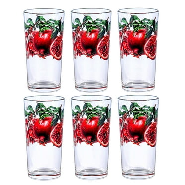 STP GOODS Pomegranate Decal Tall Glass Set of 6 pcs 7.8 fl oz (230 ml) Drinking Glasses Set Glass Tumblers for Water Juice Milk Cocktail Highball Water Glasses, Red and Clear