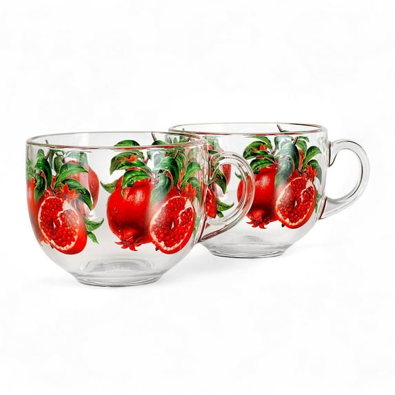STP GOODS Pomegranate Glass Mug Set of 2 pcs 15.2 fl oz (450 ml) Tea Mugs for Hot Beverages Coffee and Tea Mugs for Latte Cocoa Chocolate Glass Drinkware, Service for 2, Red Green Clear
