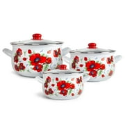 STP GOODS Poppies Enameled Aluminum Soup Pot Set of 3 Enameled Deep Pots with Glass Lids, Enamel Stockpot Set 2.2 Qt 4 Qt and 6.55 Qt
