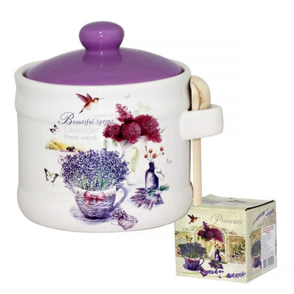 STP GOODS Provence Ceramic Honey Jar with Lid and Wooden Spoon 14.2 fl oz (420 ml) Honey Pot Storage Jar Storage Container for Home Kitchen, Lilac and White