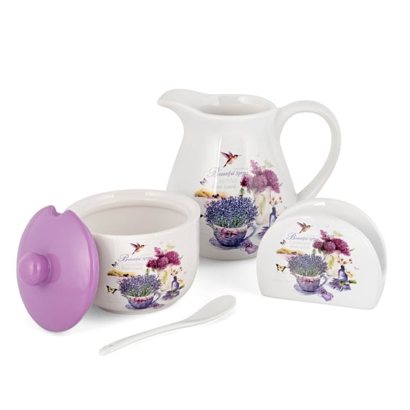 STP GOODS Provence Ceramic Serving Kitchen Set of 3 Pitcher Napkin Holder and Sugar Bowl with Spoon, Purple and White