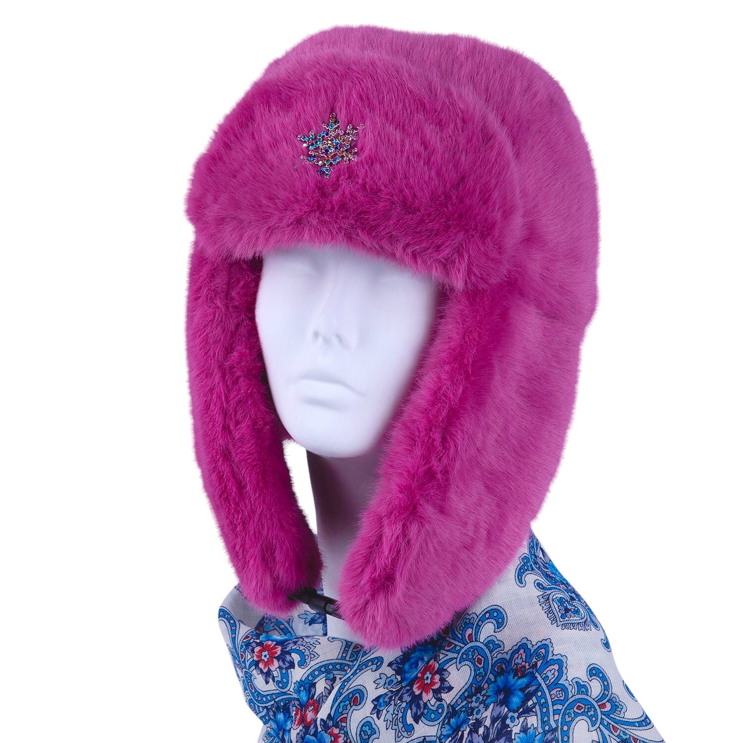 STP GOODS Raspberry Pink Faux Rabbit Fur Women's Earflap Hat with Clasp Trapper Hat for Women Ushanka Hat with Brooch Aviator Trapper Hat Winter Hat with Earflaps, One Size
